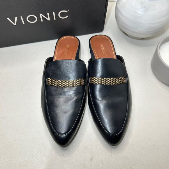 Vionic, Starling Black Leather Slip-On Flat Mule with Arch Support. Women US 9 M - Picture 1 of 14